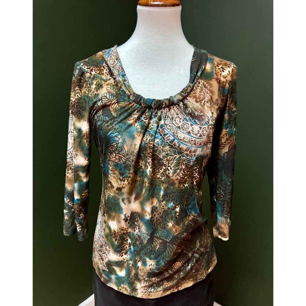 Vintage Guzie Paisley Print Brown Blue Green 3/4 Sleeve Top Women's Size S